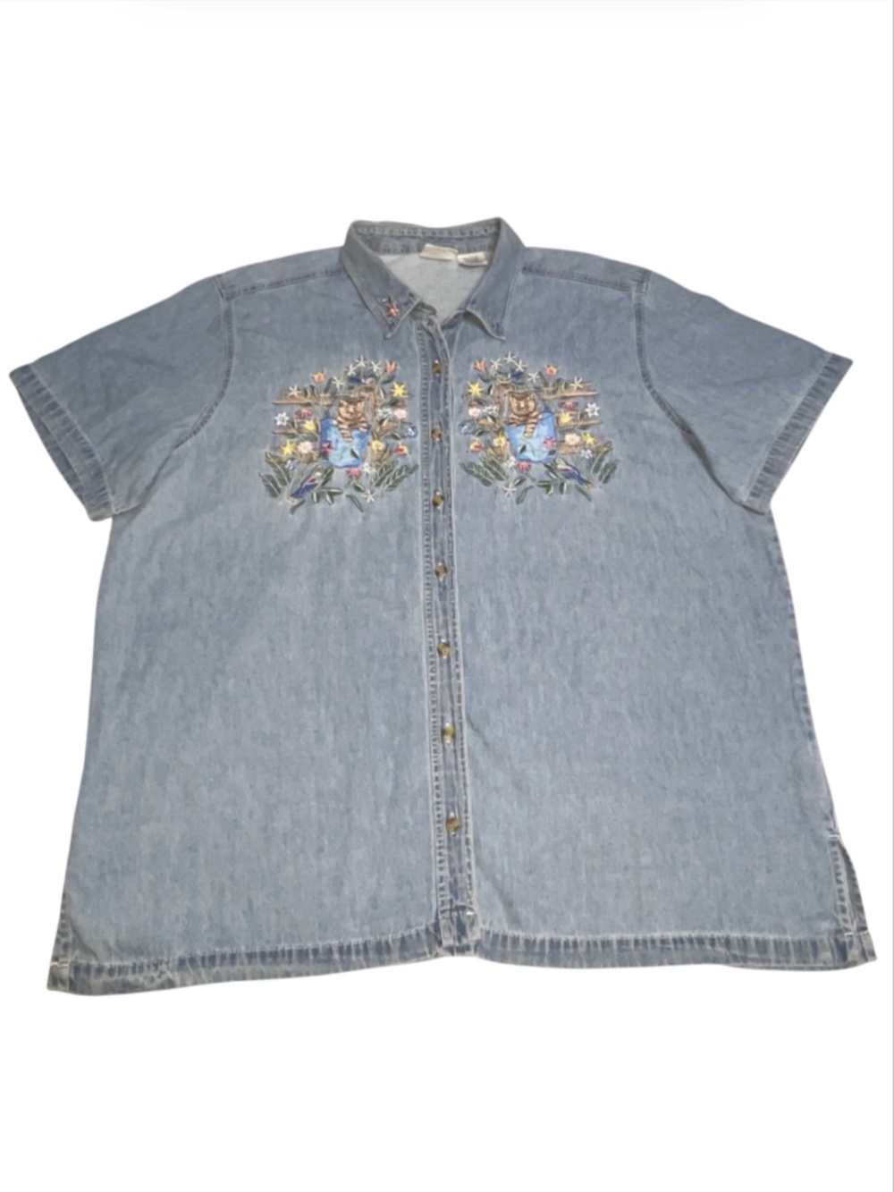 Vintage Bobbie Brooks 90s Cottagecore Cat Birds Large Denim Shirt Embroidered